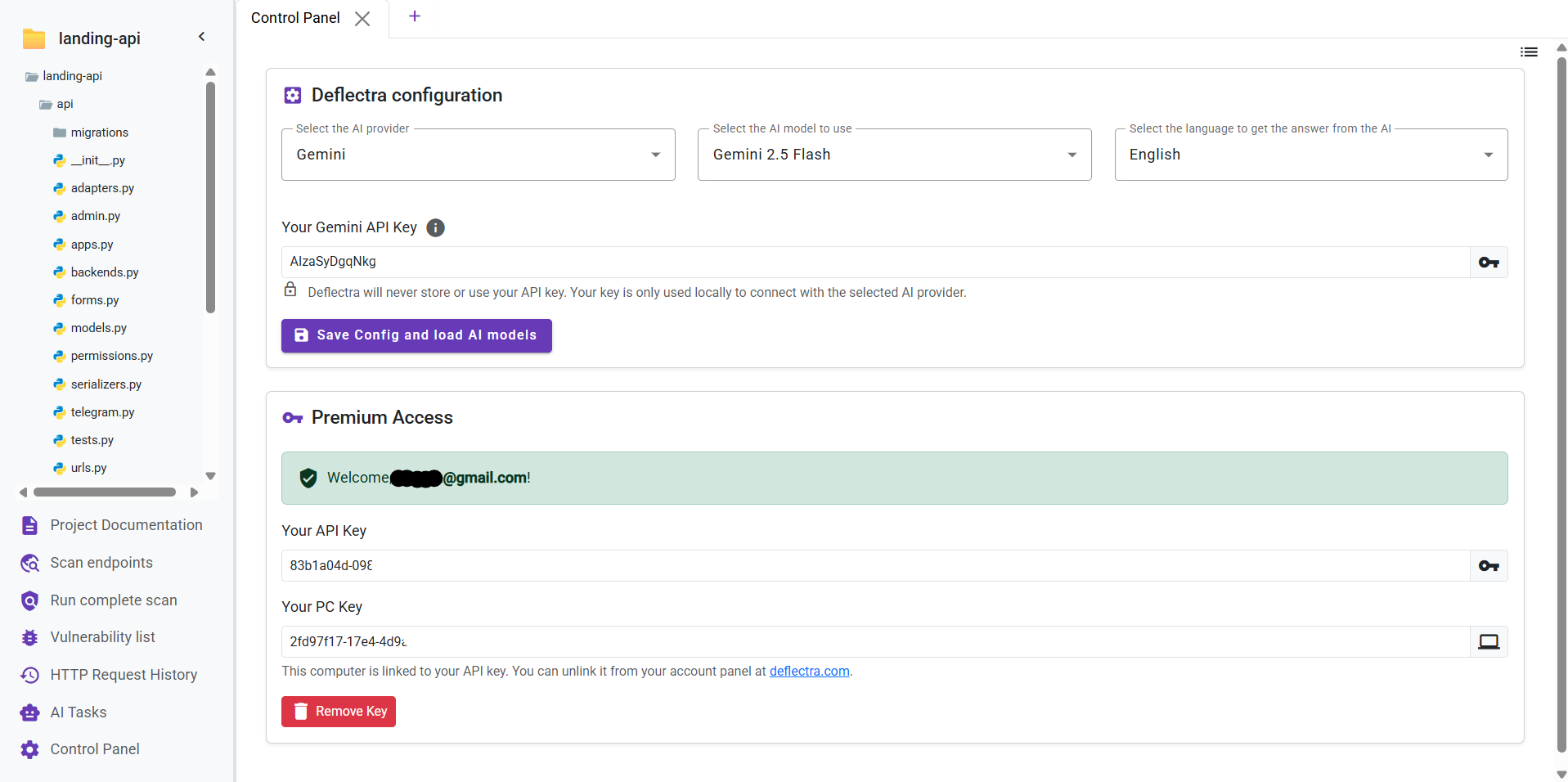 Deflectra Control Panel Screen