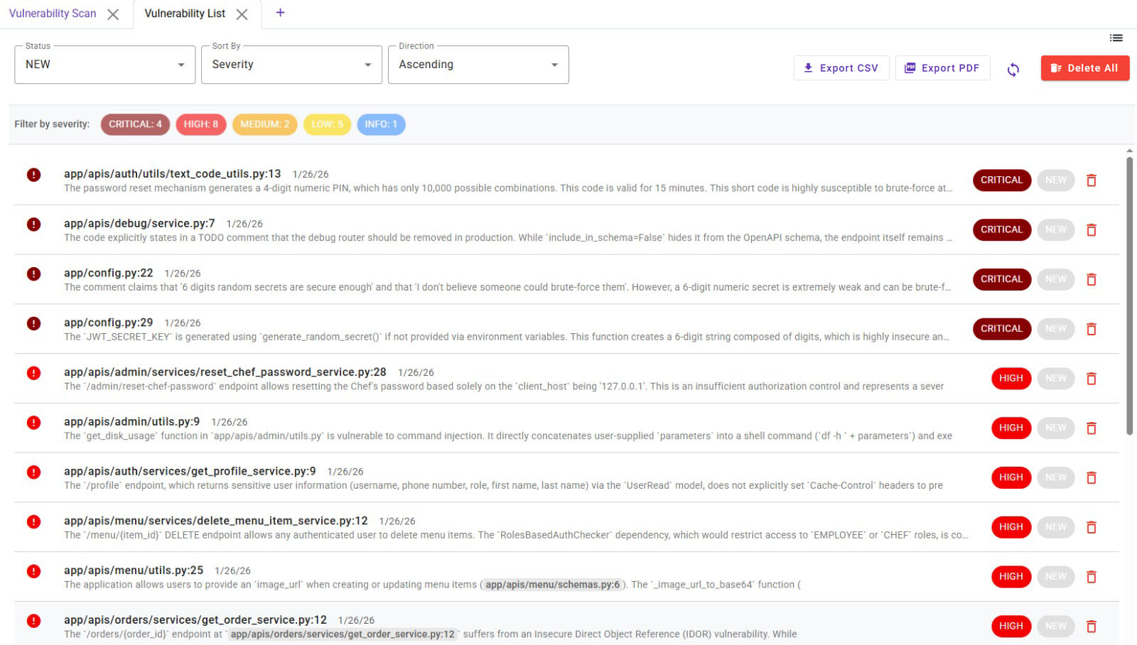 Deflectra Vulnerability List